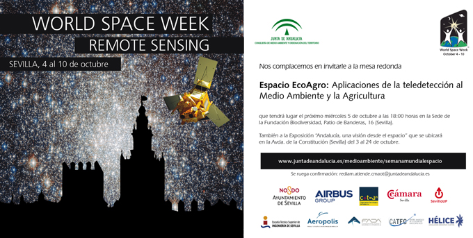 Invitación Mesa Redonda - Espacio EcoAgro: Aplicaciones de la teledetección al Medio Ambiente y la Agricultura (5 octubre, 18.00 horas) Invitación Mesa Redonda - Espacio EcoAgro: Aplicaciones de la teledetección al Medio Ambiente y la Agricultura (5 octubre, 18.00 horas)