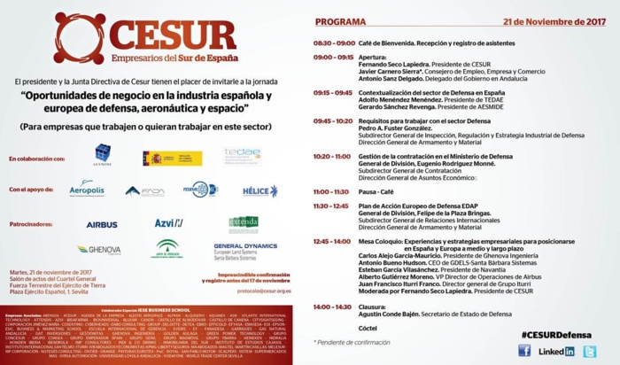 Jornada "Oportunidades de Negocio en la Industria Española y Europea de Defensa, Aeronáutica y Espacio". Sevilla, 21 de noviembre. Jornada "Oportunidades de Negocio en la Industria Española y Europea de Defensa, Aeronáutica y Espacio". Sevilla, 21 de noviembre.