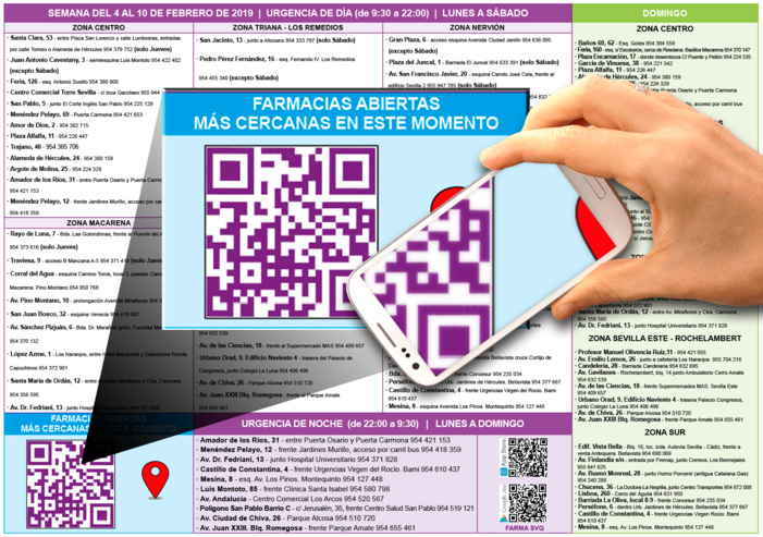 Las farmacias de Sevilla incorporan un código QR en sus carteles de guardia para localizar al instante aquellas del entorno que permanezcan abiertas Las farmacias de Sevilla incorporan un código QR en sus carteles de guardia para localizar al instante aquellas del entorno que permanezcan abiertas
