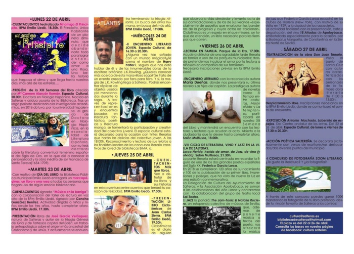 Ayto. Salteras - LA SEMANA DEL LIBRO DE SALTERAS COMIENZA EL LUNES CON EL PREGÓN DE CARMEN ALARCÓN Y OFRECERÁ ENCUENTROS CON AUTORES Y PRESENTACIONES DE LIBROS DURANTE LA PRÓXIMA SEMANA Ayto. Salteras - LA SEMANA DEL LIBRO DE SALTERAS COMIENZA EL LUNES CON EL PREGÓN DE CARMEN ALARCÓN Y OFRECERÁ ENCUENTROS CON AUTORES Y PRESENTACIONES DE LIBROS DURANTE LA PRÓXIMA SEMANA