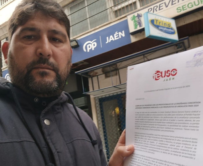 El sindicato USO reclama al Partido Popular de Jaén que inste y apoye una enmienda parcial de su grupo parlamentario a los presupuestos de Andalucía 2024 para saldar las deudas pendientes con los trabajadores de la enseñanza concertada