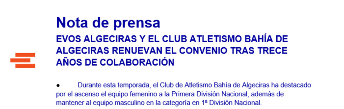 Nota de prensa EVOS ALGECIRAS Y EL CLUB ATLETISMO BAHÍA DE ALGECIRAS RENUEVAN EL CONVENIO TRAS TRECE  AÑOS DE COLABORACIÓN