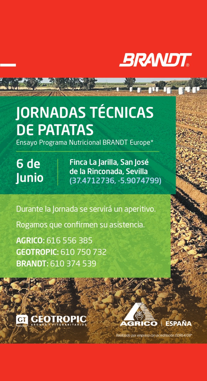 CONVOCATORIA DE PRENSA: BRANDT CELEBRA UNA JORNADA TÉCNICA DE PATATA EN SEVILLA PARA VALORAR UN ENSAYO DESARROLLADO CON UNA ESTRATEGIA DE PRODUCTOS QUE USA UN 30% MENOS DE FERTILIZANTES, EN LA LÍNEA CON LA AGENDA 2030 CONVOCATORIA DE PRENSA: BRANDT CELEBRA UNA JORNADA TÉCNICA DE PATATA EN SEVILLA PARA VALORAR UN ENSAYO DESARROLLADO CON UNA ESTRATEGIA DE PRODUCTOS QUE USA UN 30% MENOS DE FERTILIZANTES, EN LA LÍNEA CON LA AGENDA 2030