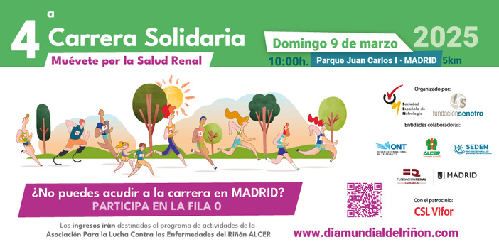 La Sociedad Española de Nefrología pone en marcha la “4ª Carrera Solidaria Muévete por la Salud Renal”, en la que deportistas, sanitarios y pacientes correrán para sensibilizar sobre el impacto de las enfermedades del riñón y apoyar a los afectados La Sociedad Española de Nefrología pone en marcha la “4ª Carrera Solidaria Muévete por la Salud Renal”, en la que deportistas, sanitarios y pacientes correrán para sensibilizar sobre el impacto de las enfermedades del riñón y apoyar a los afectados