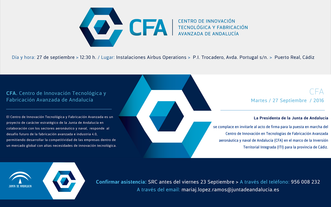 La Presidenta de la Junta de Andalucía le invita al acto de firma para la puesta en marcha del CFA, el 27 de septiembre en Puerto Real (Cádiz)