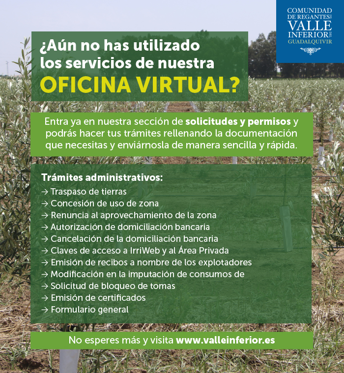 CRR Valle Inferior del Guadalquivir - ¿Aún no has utilizado el servicio de tramitación de Permisos y Solicitudes de nuestra OFICINA VIRTUAL?