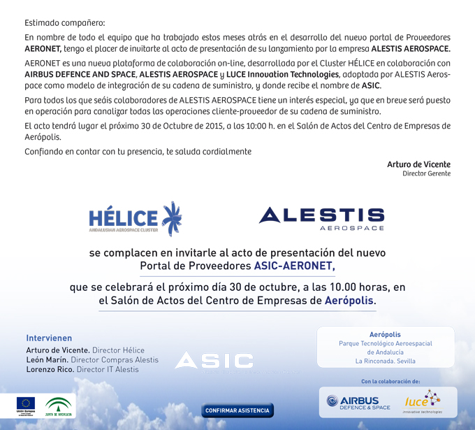 Invitación presentación nuevo portal ASIC-AERONET, nuevo portal de proveedores de ALESTIS 