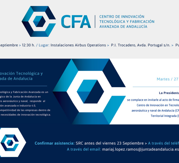 La Presidenta de la Junta de Andalucía le invita al acto de firma para la puesta en marcha del CFA, el 27 de septiembre en Puerto Real (Cádiz)