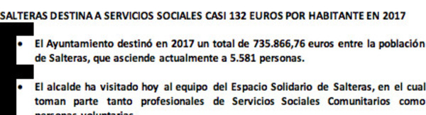 SALTERAS DESTINA A SERVICIOS SOCIALES CASI 132 EUROS POR HABITANTE EN 2017, UN TOTAL DE 735.866,76 EUROS