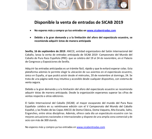 Disponible la venta de entradas de SICAB 2019