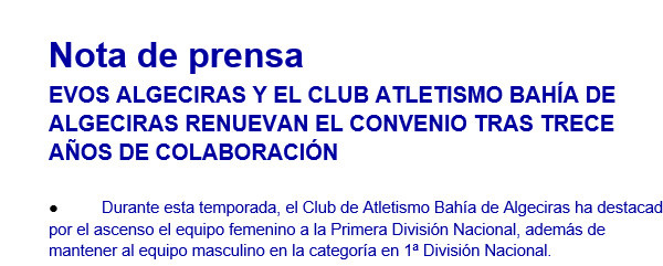Nota de prensa EVOS ALGECIRAS Y EL CLUB ATLETISMO BAHÍA DE ALGECIRAS RENUEVAN EL CONVENIO TRAS TRECE  AÑOS DE COLABORACIÓN